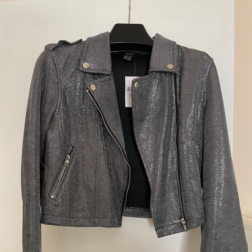 Cropped, silver biker jacket